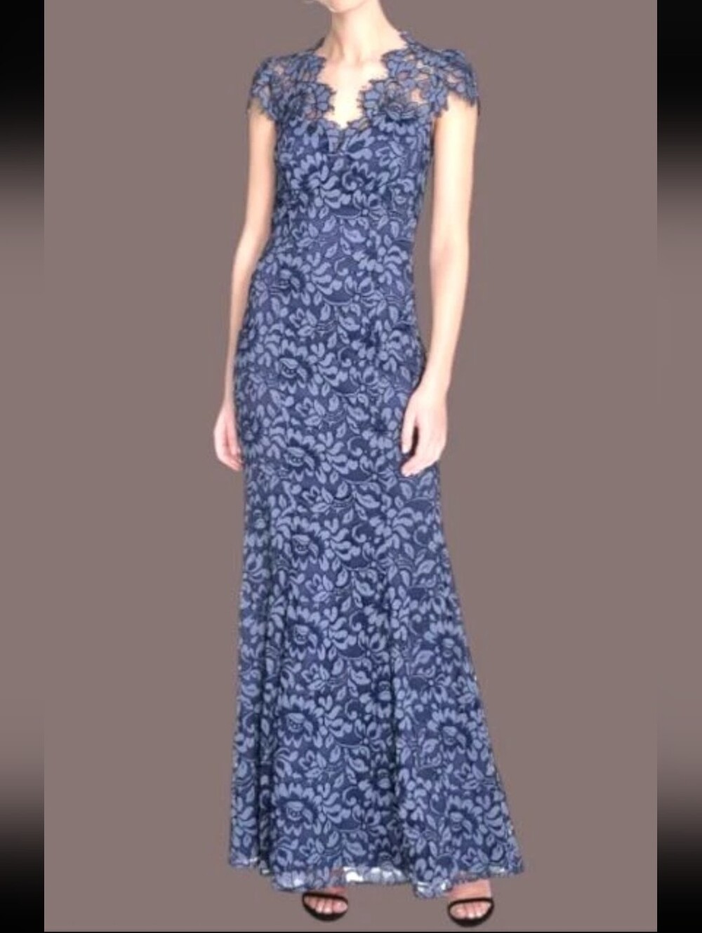 Eliza J Women's 4 Navy Blue Lace Maxi Gown Cap Sleeve Formal Wedding Dress $229